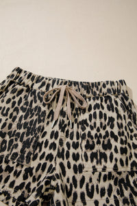 Leopard Print Drawstring Waistband Mid-Rise Denim Shorts