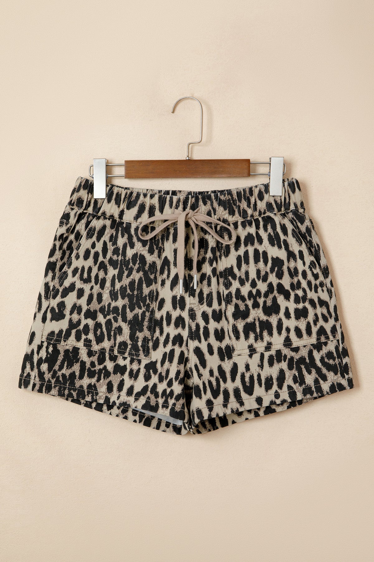 Leopard Print Drawstring Waistband Mid-Rise Denim Shorts