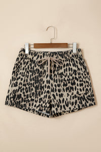 Leopard Print Drawstring Waistband Mid-Rise Denim Shorts