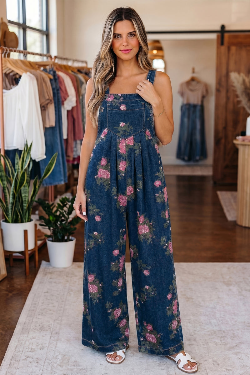 Floral-Printed Wide Leg Soft Denim Loose Fit Overalls