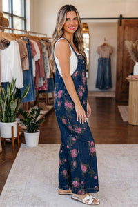 Floral-Printed Wide Leg Soft Denim Loose Fit Overalls