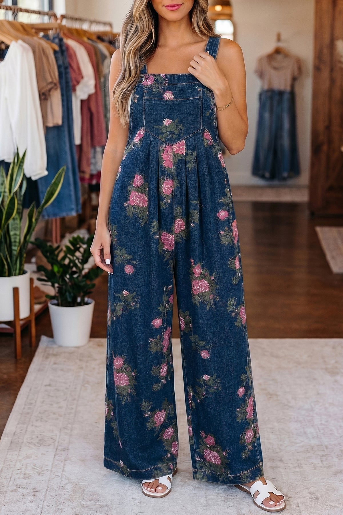 Floral-Printed Wide Leg Soft Denim Loose Fit Overalls