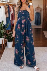 Floral-Printed Wide Leg Soft Denim Loose Fit Overalls