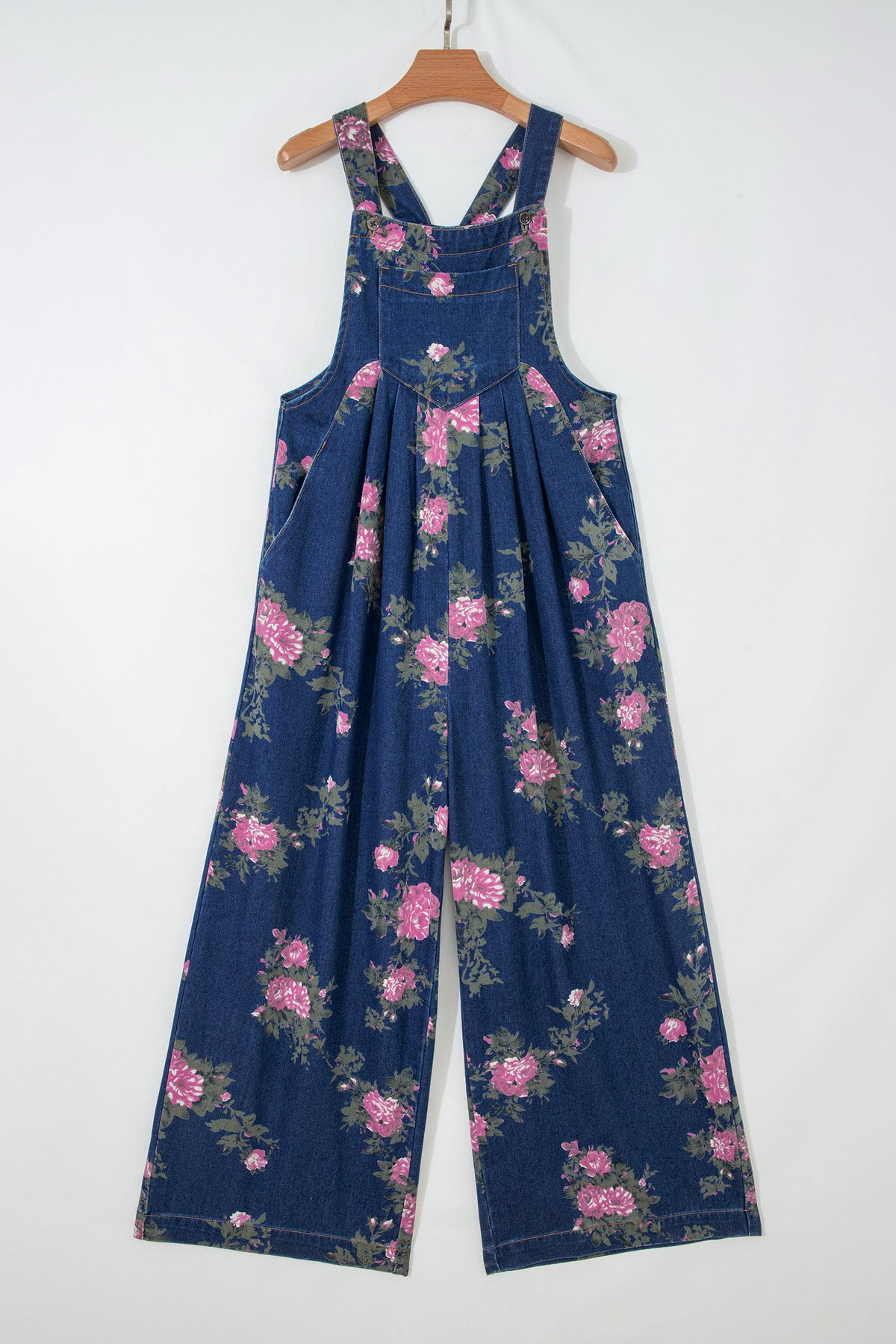 Floral-Printed Wide Leg Soft Denim Loose Fit Overalls