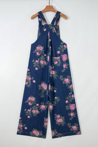 Floral-Printed Wide Leg Soft Denim Loose Fit Overalls