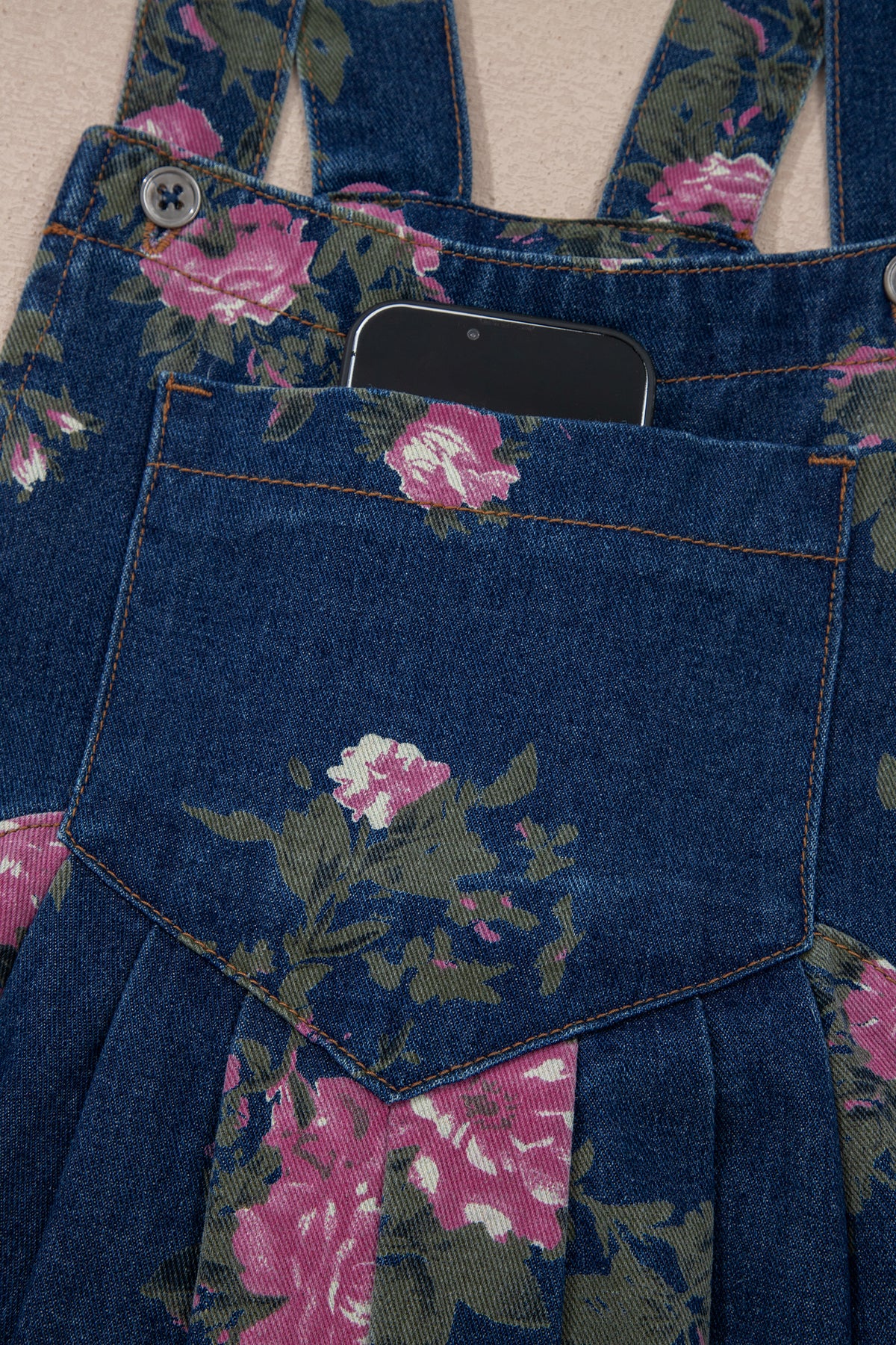 Floral-Printed Wide Leg Soft Denim Loose Fit Overalls
