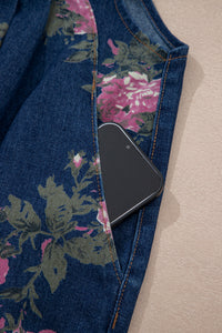 Floral-Printed Wide Leg Soft Denim Loose Fit Overalls