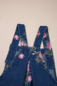 Floral-Printed Wide Leg Soft Denim Loose Fit Overalls