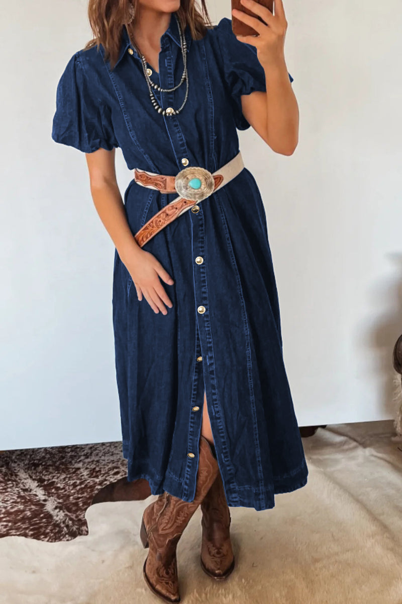 Patricia (Dark Wash) 100% Cotton Midi Denim Dress w/Bubble Sleeves