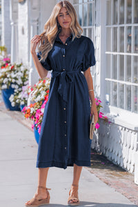 Patricia (Dark Wash) 100% Cotton Midi Denim Dress w/Bubble Sleeves