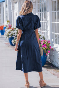 Patricia (Dark Wash) 100% Cotton Midi Denim Dress w/Bubble Sleeves