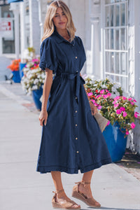 Patricia (Dark Wash) 100% Cotton Midi Denim Dress w/Bubble Sleeves