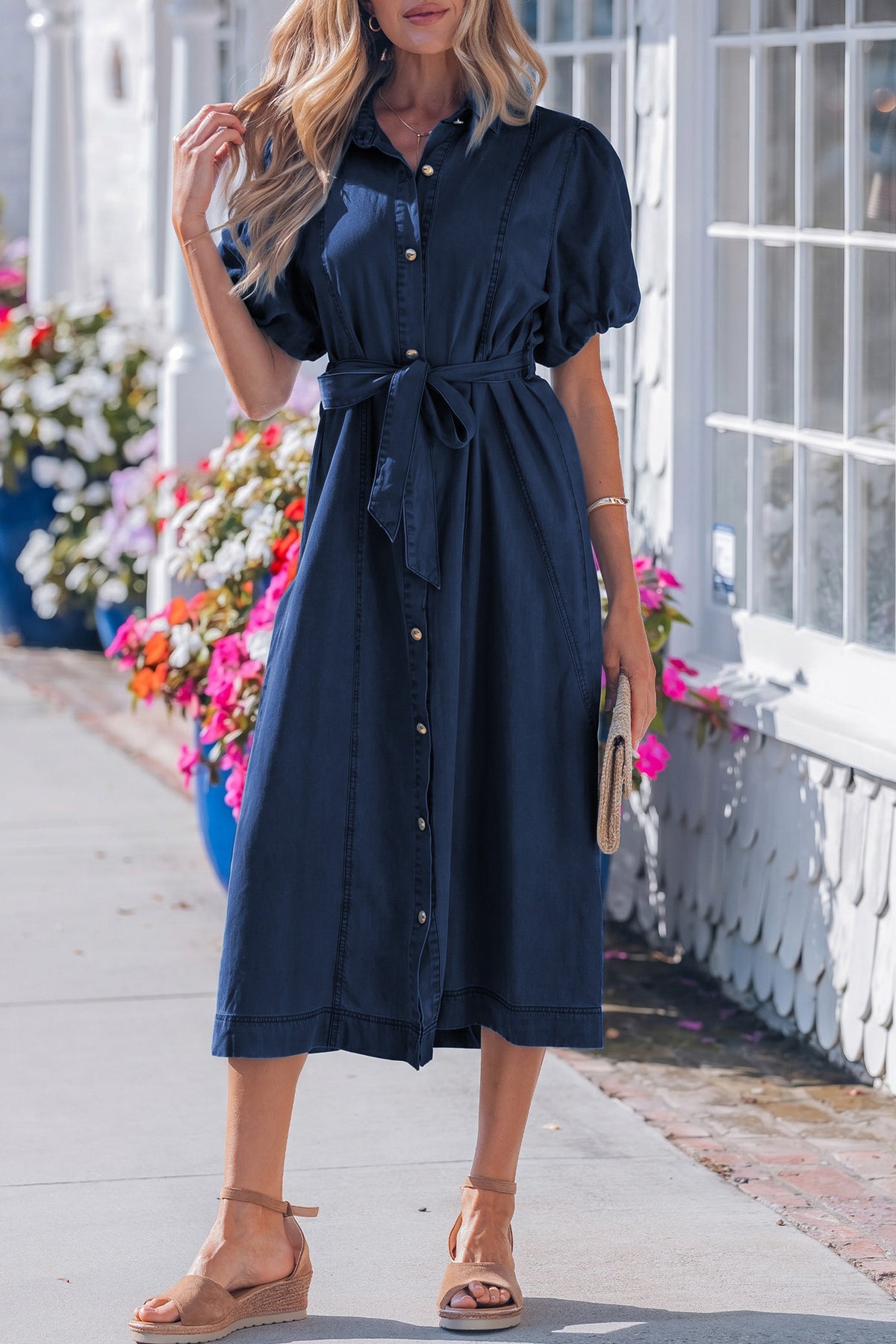 Patricia (Dark Wash) 100% Cotton Midi Denim Dress w/Bubble Sleeves