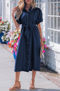 Patricia (Dark Wash) 100% Cotton Midi Denim Dress w/Bubble Sleeves
