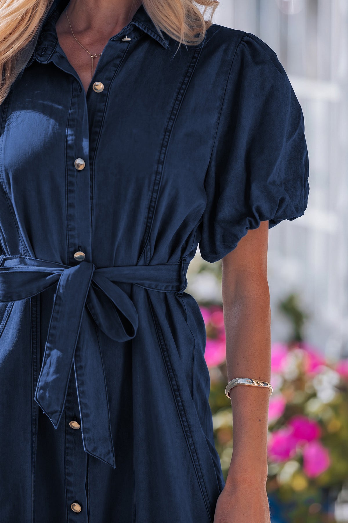 Patricia (Dark Wash) 100% Cotton Midi Denim Dress w/Bubble Sleeves