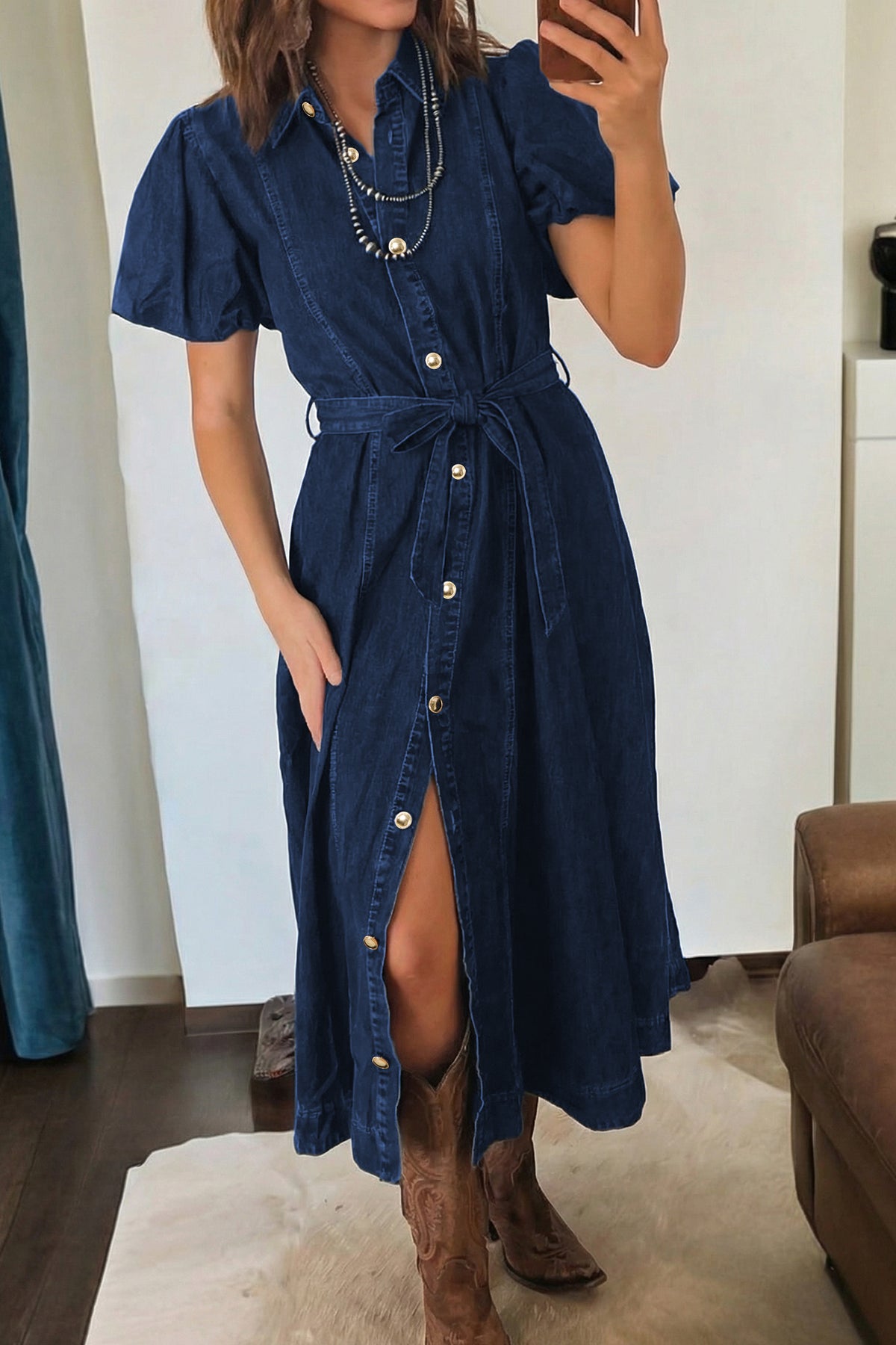 Patricia (Dark Wash) 100% Cotton Midi Denim Dress w/Bubble Sleeves