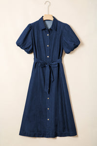 Patricia (Dark Wash) 100% Cotton Midi Denim Dress w/Bubble Sleeves