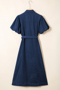 Patricia (Dark Wash) 100% Cotton Midi Denim Dress w/Bubble Sleeves