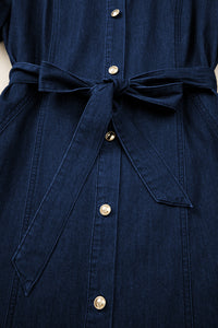 Patricia (Dark Wash) 100% Cotton Midi Denim Dress w/Bubble Sleeves