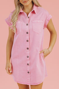 Pink Short Sleeve Denim Shirt Dress with Chest & Side Pockets