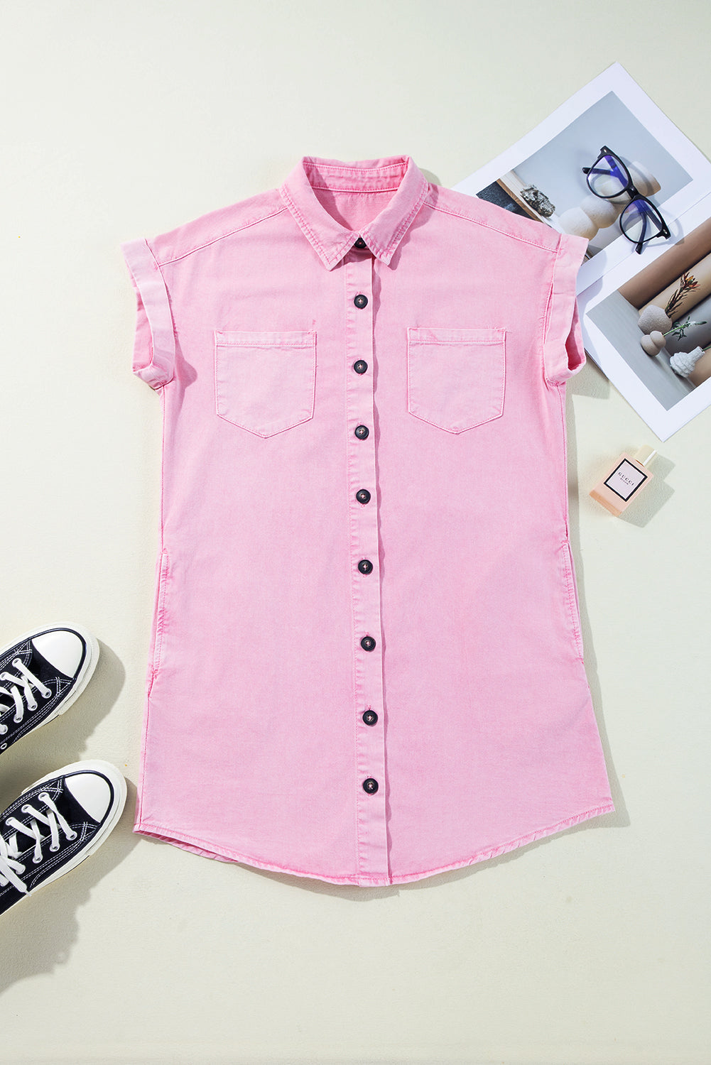 Pink Short Sleeve Denim Shirt Dress with Chest & Side Pockets