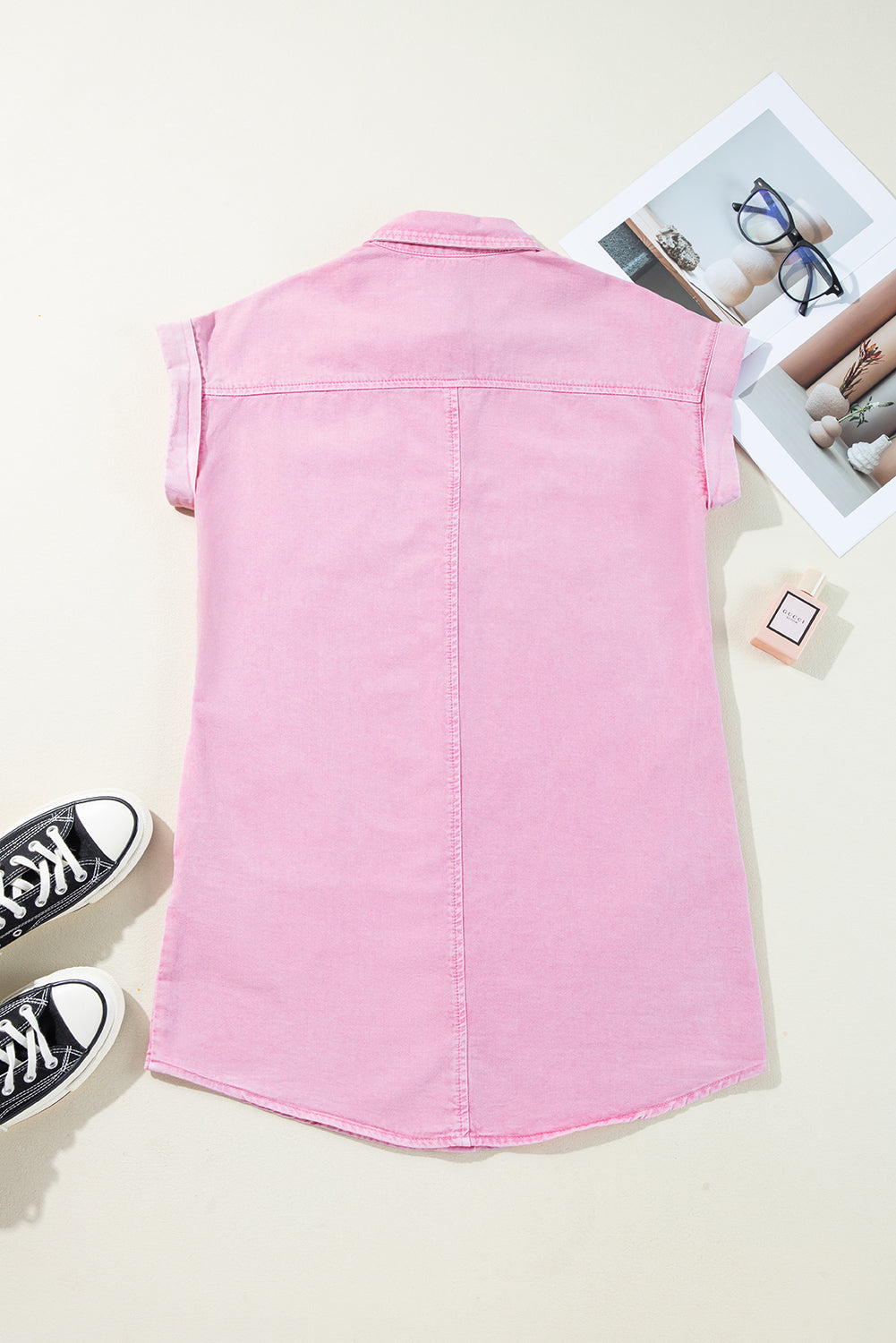 Pink Short Sleeve Denim Shirt Dress with Chest & Side Pockets