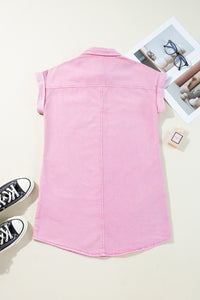 Pink Short Sleeve Denim Shirt Dress with Chest & Side Pockets