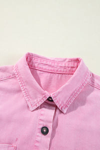 Pink Short Sleeve Denim Shirt Dress with Chest & Side Pockets