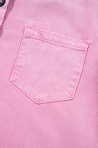 Pink Short Sleeve Denim Shirt Dress with Chest & Side Pockets