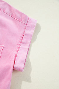 Pink Short Sleeve Denim Shirt Dress with Chest & Side Pockets