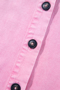 Pink Short Sleeve Denim Shirt Dress with Chest & Side Pockets