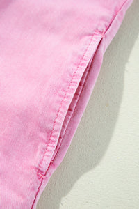 Pink Short Sleeve Denim Shirt Dress with Chest & Side Pockets