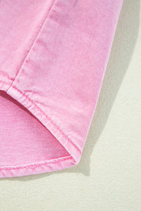 Pink Short Sleeve Denim Shirt Dress with Chest & Side Pockets