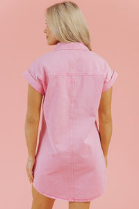 Pink Short Sleeve Denim Shirt Dress with Chest & Side Pockets