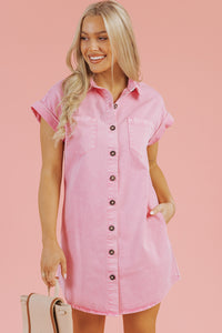 Pink Short Sleeve Denim Shirt Dress with Chest & Side Pockets