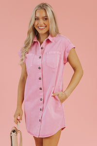 Pink Short Sleeve Denim Shirt Dress with Chest & Side Pockets
