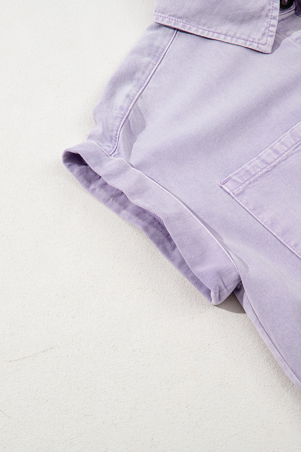 Light Purple Short Sleeve Denim Shirt Dress with Chest & Side Pockets