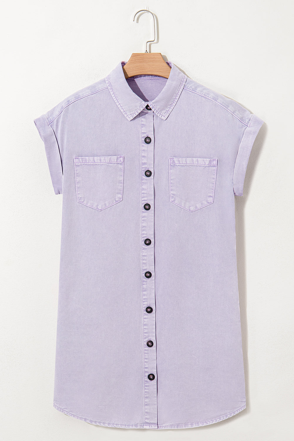 Light Purple Short Sleeve Denim Shirt Dress with Chest & Side Pockets