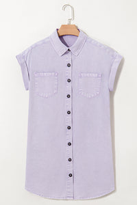 Light Purple Short Sleeve Denim Shirt Dress with Chest & Side Pockets
