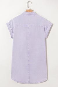 Light Purple Short Sleeve Denim Shirt Dress with Chest & Side Pockets