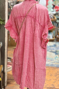 Pink Ruffled Short-Sleeve Button Denim Dress