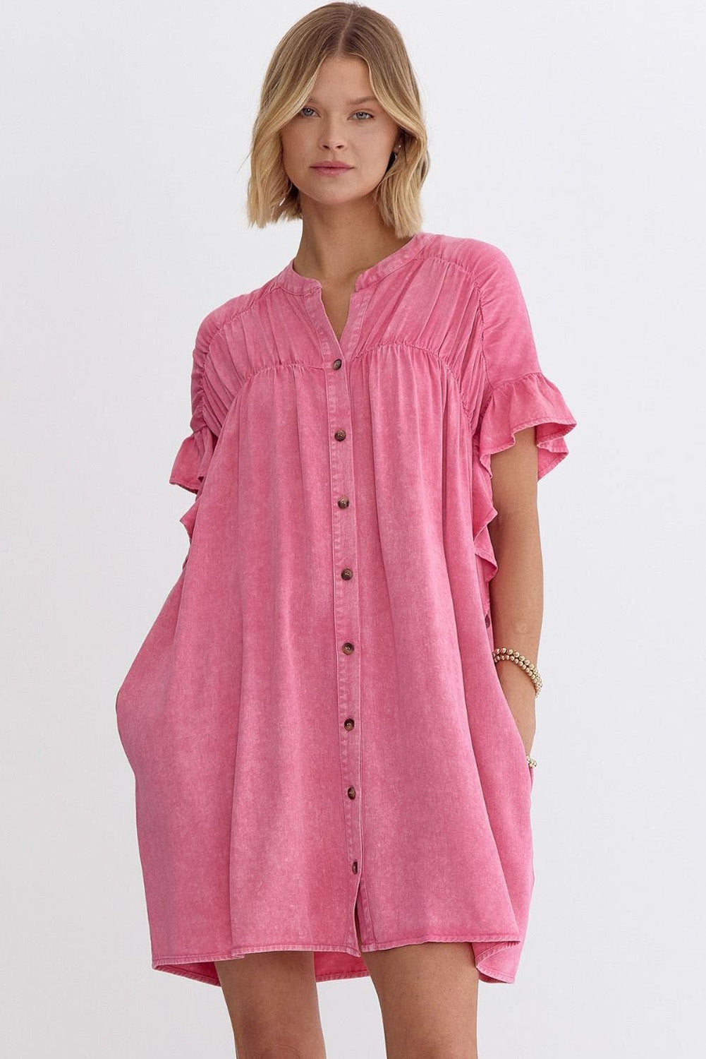 Pink Ruffled Short-Sleeve Button Denim Dress
