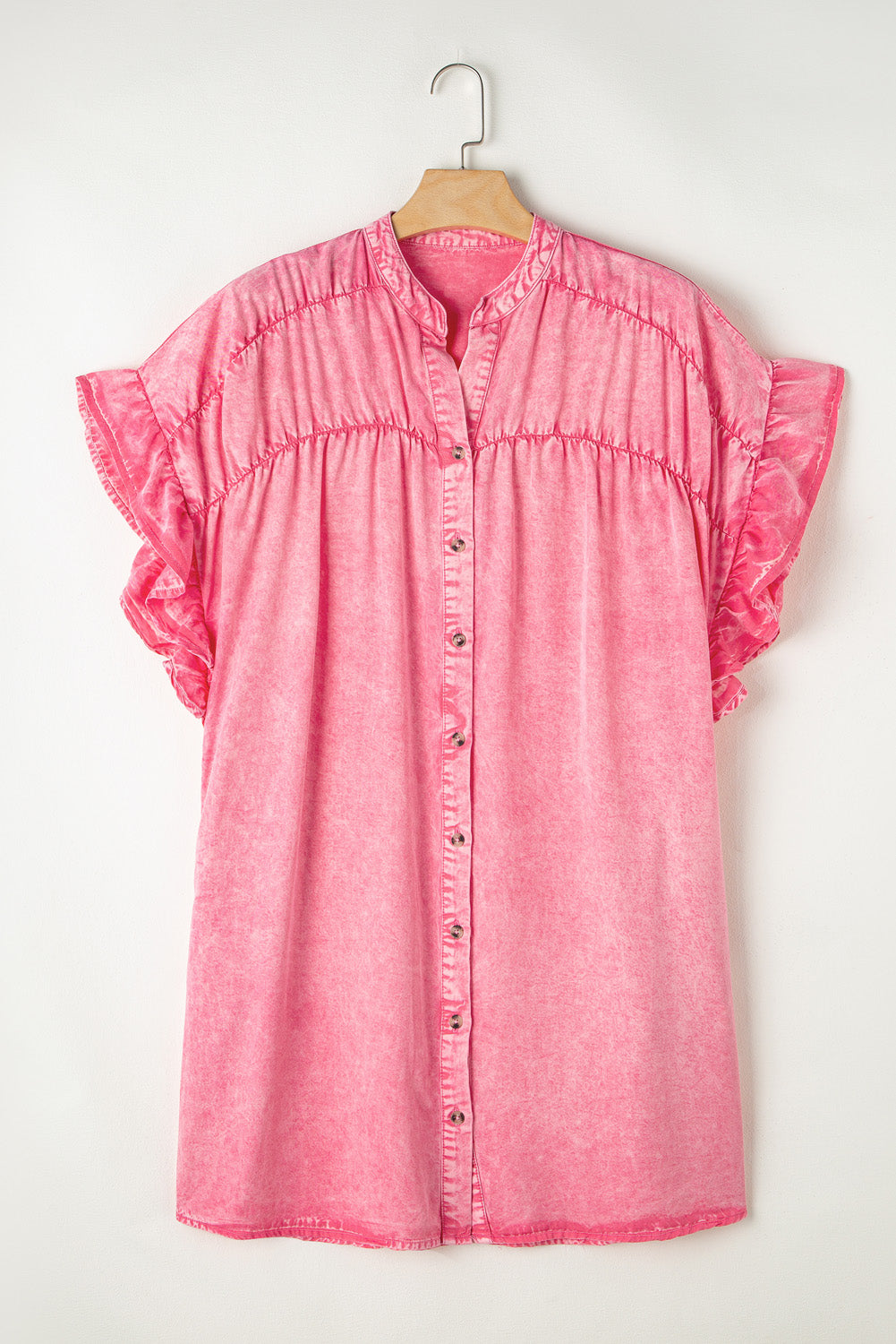 Pink Ruffled Short-Sleeve Button Denim Dress