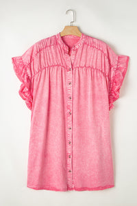Pink Ruffled Short-Sleeve Button Denim Dress