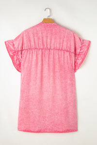 Pink Ruffled Short-Sleeve Button Denim Dress