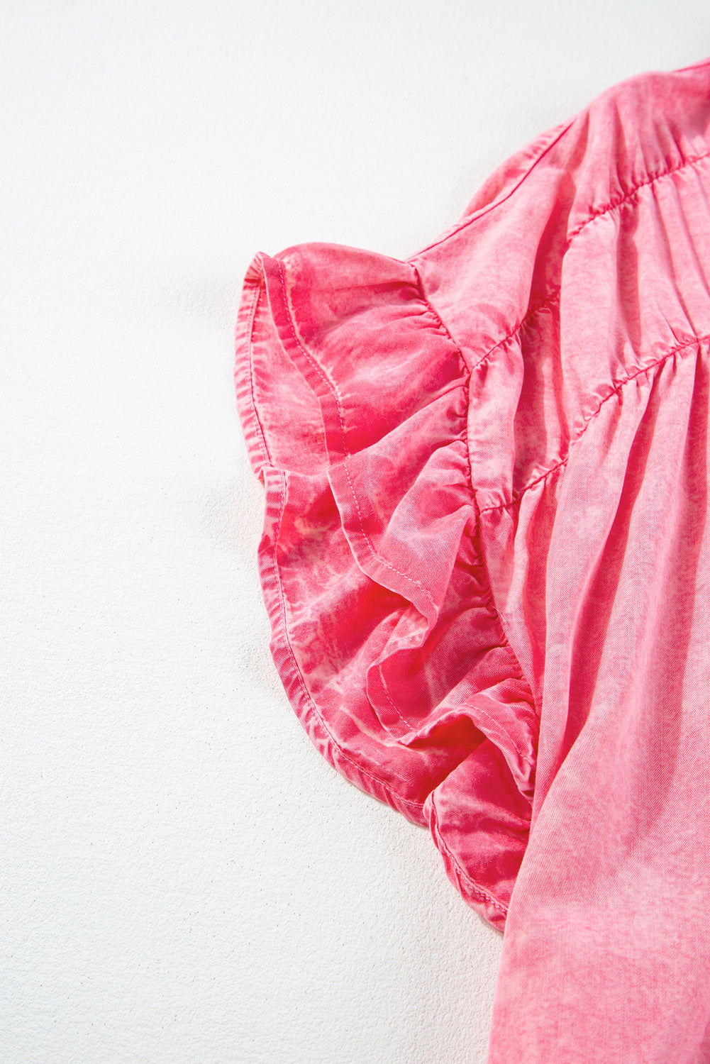 Pink Ruffled Short-Sleeve Button Denim Dress