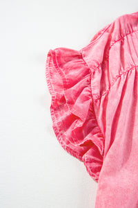 Pink Ruffled Short-Sleeve Button Denim Dress