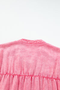 Pink Ruffled Short-Sleeve Button Denim Dress