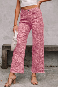 High-Rise Pink Leopard Frayed Edge Wide Leg Jeans