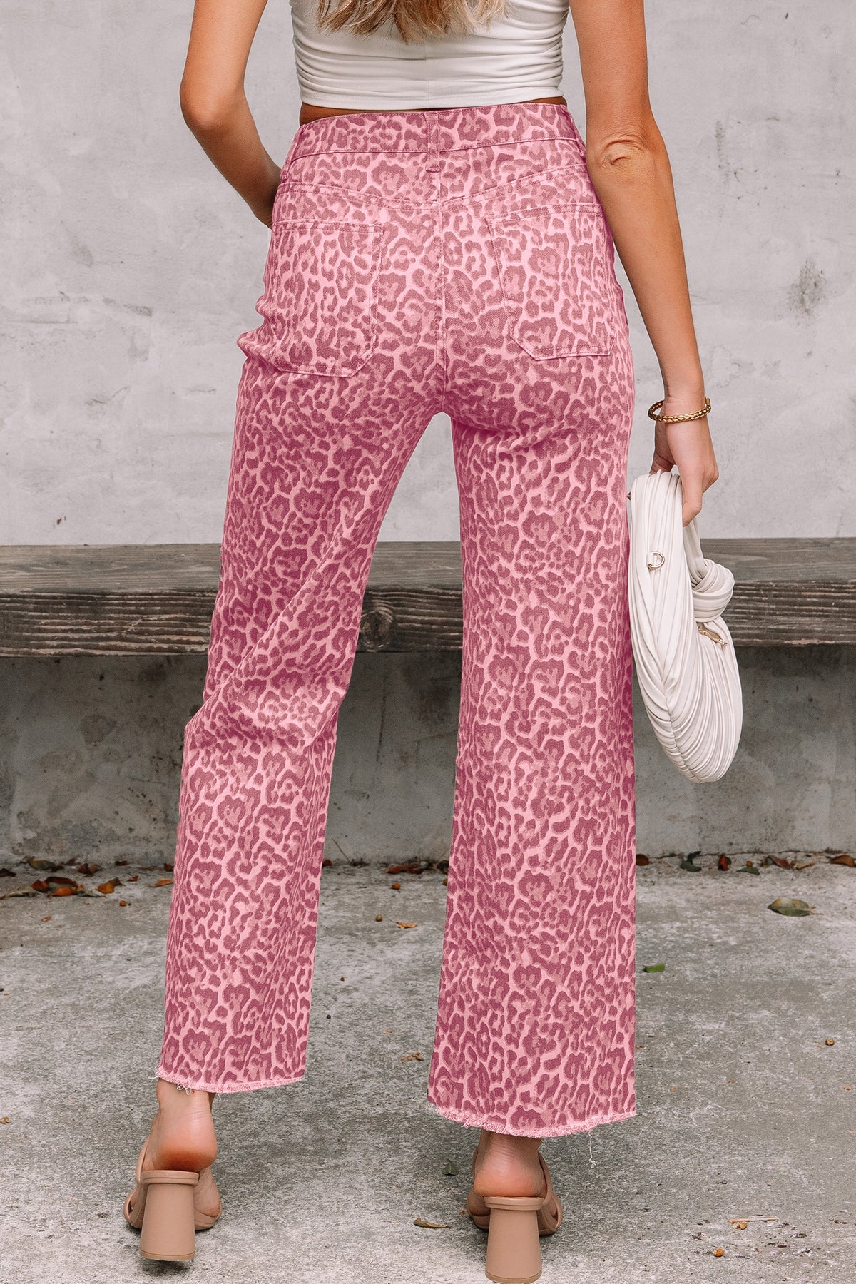 High-Rise Pink Leopard Frayed Edge Wide Leg Jeans